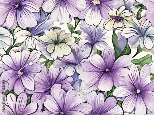 Pastel purple flowers light watercolor design background in seamless repeating pattern from Generative AI