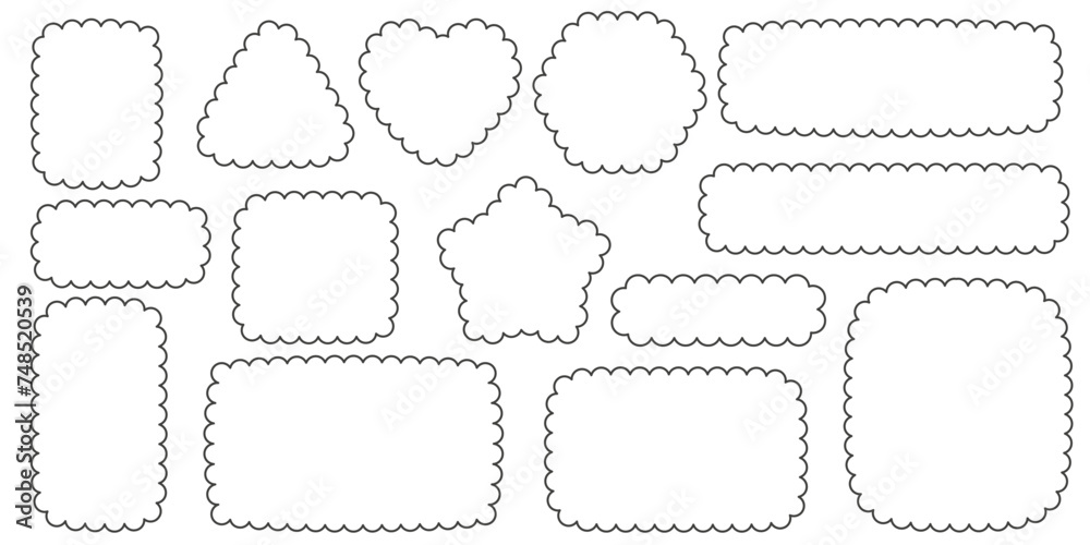 Scallop edge border and frame. Square circle and rectangle shape. Vector lace frill. Simple cute label. Outline decorative collection