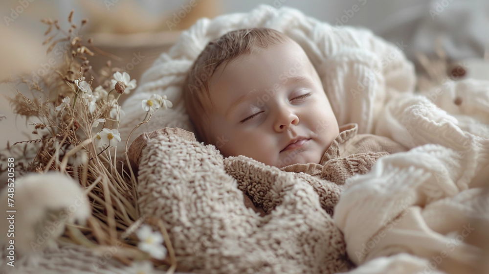 Sleeping infant surrounded by dried flowers and soft blankets. Newborn and tranquility concept. Design for poster, invitation, greeting card. Close-up shot with a soft-focus background Sleeping infant surrounded by dried flowers and soft blankets. Newborn and tranquility concept. Design for poster, invitation, greeting card. Close-up shot with a soft-focus background