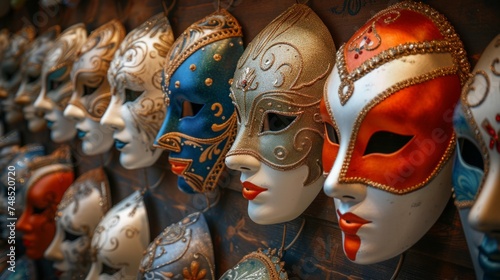 Multiple colored masquerade masks on the wall, historical reproductions, selective focus.