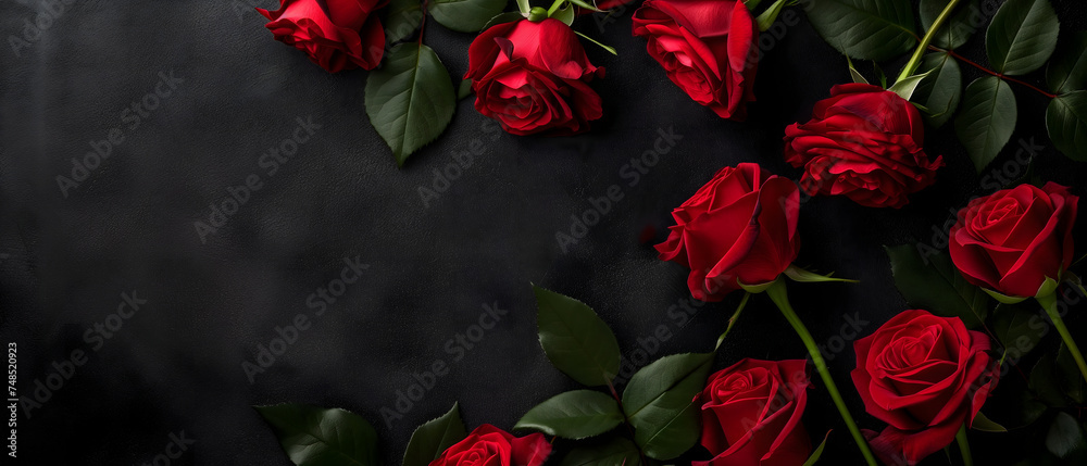 Red roses on black background with copy space. Neural network generated image. Not based on any actual person or scene. Red roses on black background with copy space. Neural network generated image. Not based on any actual person or scene.