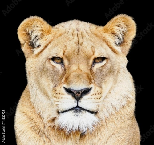 Portrait of a lioness against a black background. 
