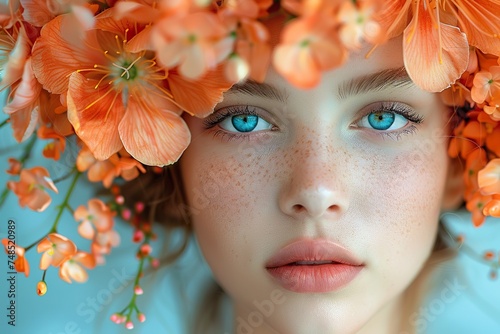 portrait of beautiful girl with flowers in her hair, close-up