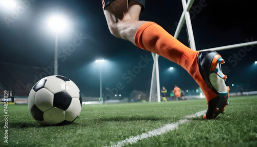 Close up of a soccer striker ready to kicks the ball in the football goal Soccer scene at night match with player kicking the ball with power © Xabi