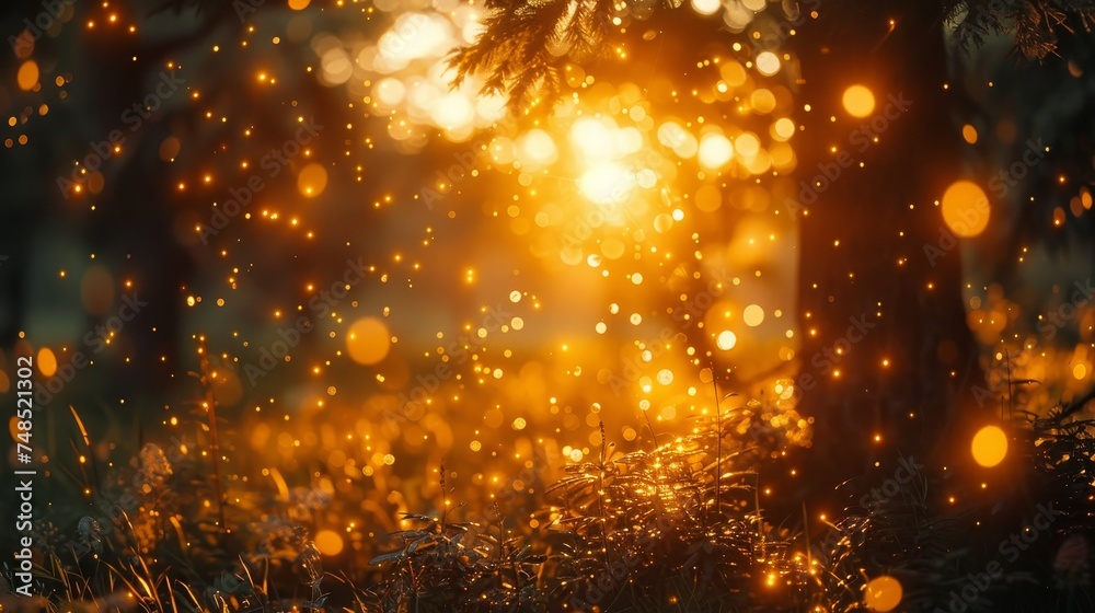 Depict the golden hour glow through trees, creating a perfect nature bokeh backdrop