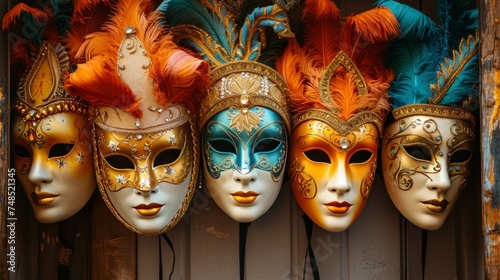 Multiple colored masquerade ball masks on the wall, historical reproductions.