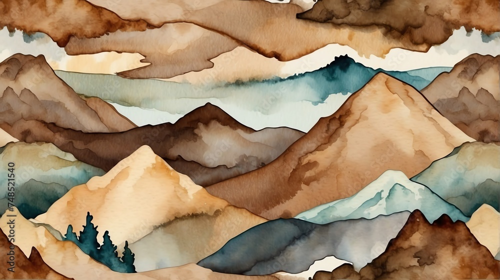 Brown mountain ranges hand painted watercolor design background pattern from Generative AI