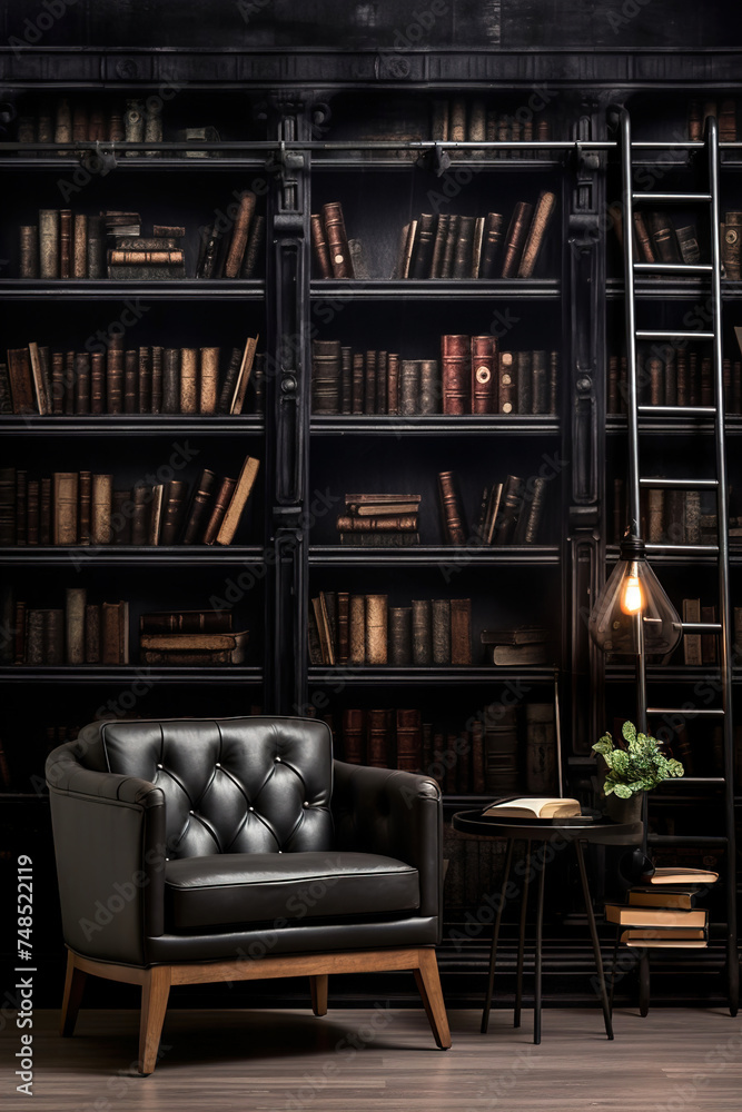 A black bookcase in a dark room and dim light, black leather armchair. A black bookcase in a dark room and dim light, black leather armchair.