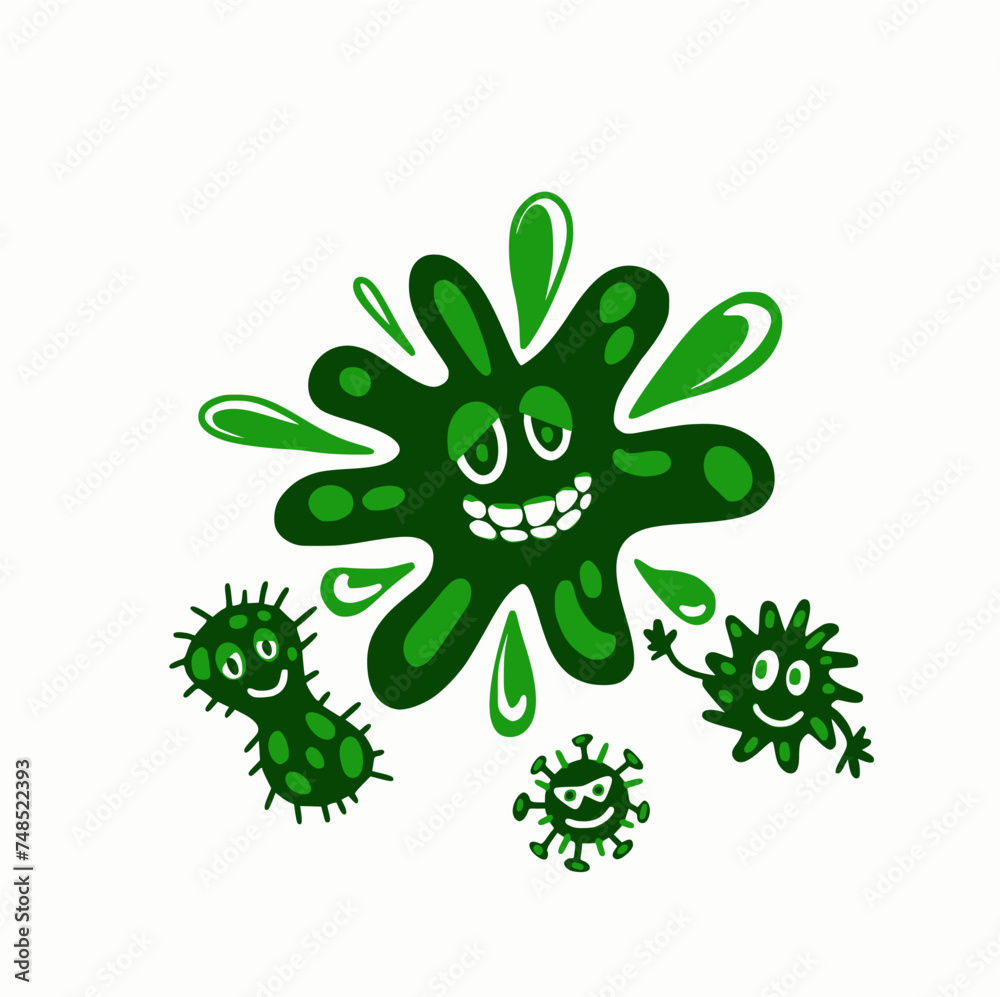 Obraz premium Cartoon green dirty virus and germs. vector illustration, green blot on white background
