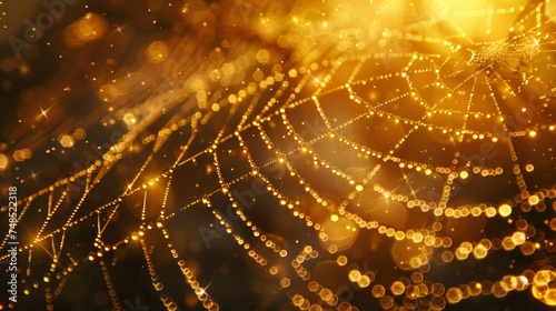 Depict a close-up of dew drops on a spider web, each drop a universe of golden bokeh © MAY