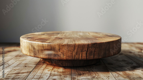 Rustic Wooden Round Tray on Table. Textured wooden round tray centred on a rustic table. Product Display Background.