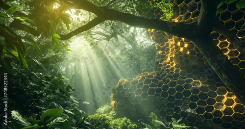An intricate hexagonal honeycomb nestled within the heart of a dense forest  glistening with morning dew as sunlight filters through the canopy above High-resolution