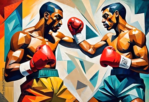 a cubist style, art deco, abstract painting of a two boxers boxing in a ring. sport, sports, Bright colors.