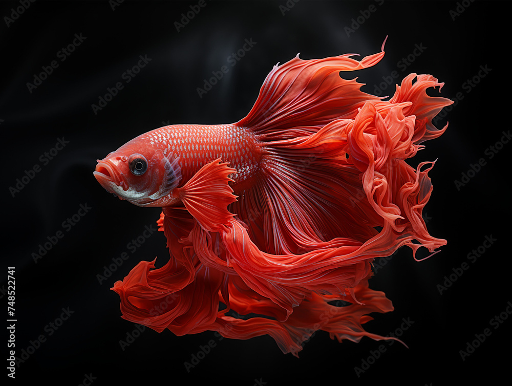 Fototapeta premium portrait of red betta fish on black background, generative ai