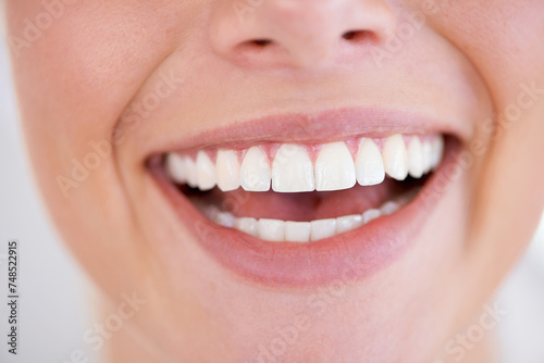 Smile  dental and closeup of woman teeth with health  wellness and morning oral hygiene routine. Self care  happy and zoom of young female person with mouth for clean  fresh or dentistry treatment.