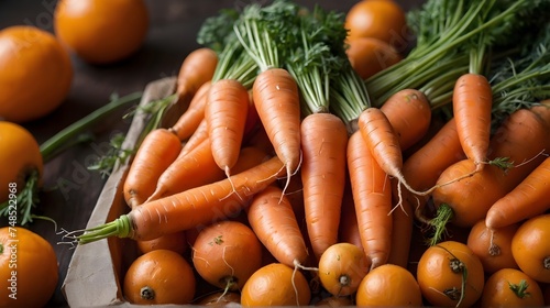 Closeup, carrot and food for health and cooking, wellness and nutrition with vegan or vegetarian meal prep. Orange vegetables, organic produce and cuisine with dinner or lunch ingredients for diet