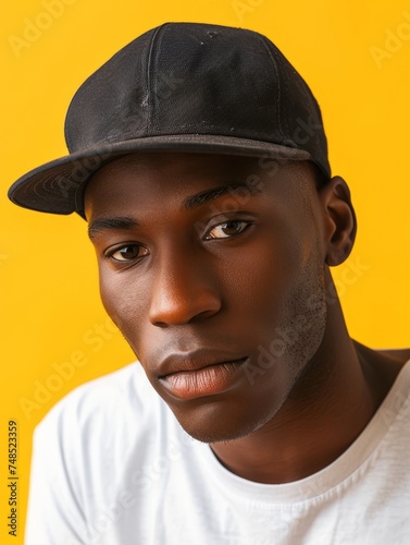 Black man wearing white t-shirt and black cap while looking at camera