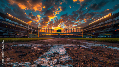 Around level view of baseball stadium plate dramatic lighting photo real