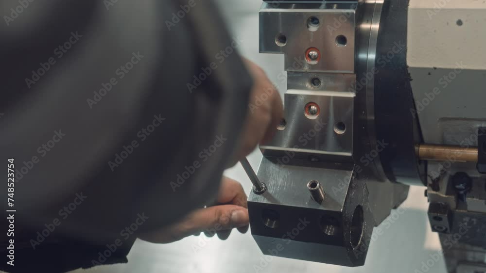 Unrecognizable mechanic at factory using allen wrench to tighten hexagonal bolts on metal equipment