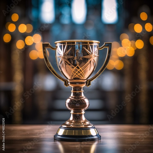 Elegant Trophy Cup on Wooden Table with Bokeh Lights Background