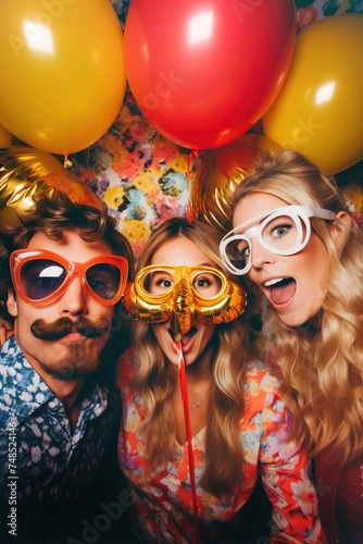 A group of young people take a picture at a party wearing fake mustaches, lips, big funny glasses. A colorful party with confetti and lots of balloons. Funny costumes. © Degimages