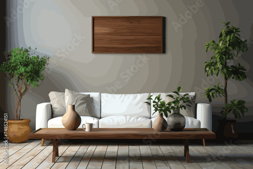 living room design, sofa, wall panel design, coffee table, indoor plant, brown carpet, marble floor, white wall background