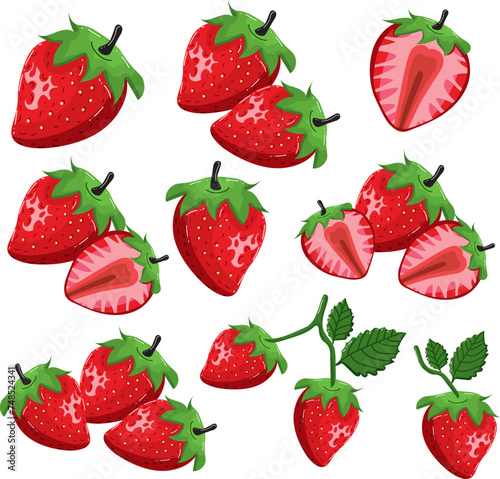 Fototapeta Naklejka Na Ścianę i Meble -  Set of fresh bright strawberries whole, half of strawberry and cut into slices
