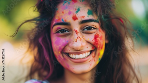 Capture the exuberance of a young Indian woman with a joyful expression, her face covered with colorful Holi powder, and a bright, infectious smile 