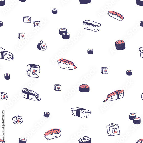 Japanese sushi, seamless pattern design. Japan food, endless background. Asian susi, roll, maki, nigiri, repeating print. Printable flat vector illustration for wrapping, package, textile, fabric