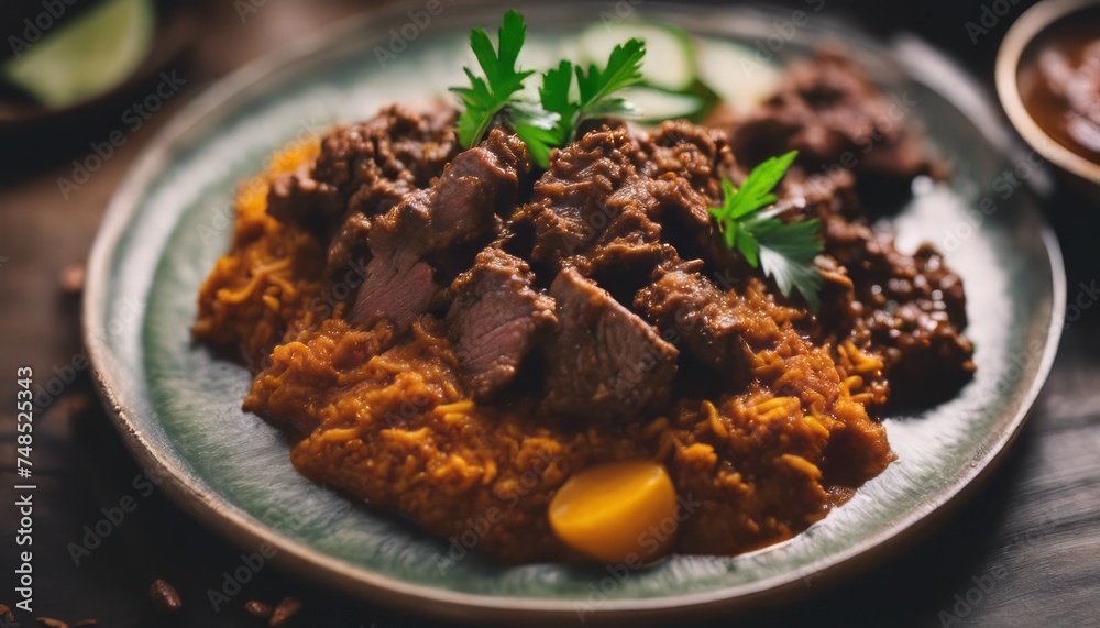view of aesthetic beef rendang with some garnish on top image background view of aesthetic beef rendang with some garnish on top image background