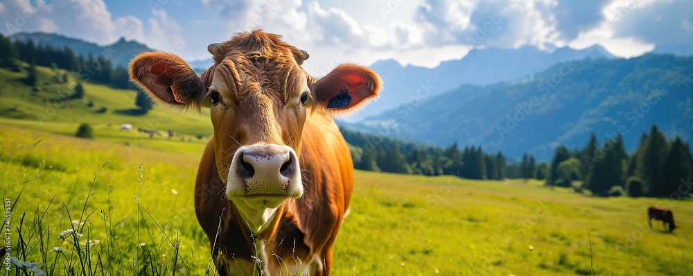 portrait of a cow on a farm eating grass during the day with a background of hills and a clear sky.