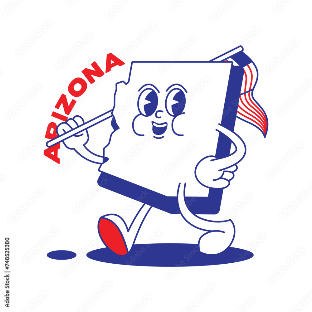 Naklejka premium Arizona State retro mascot with hand and foot clip art. USA Map Retro cartoon stickers with funny comic characters and gloved hands. Vector template for website, design, cover, infographics.