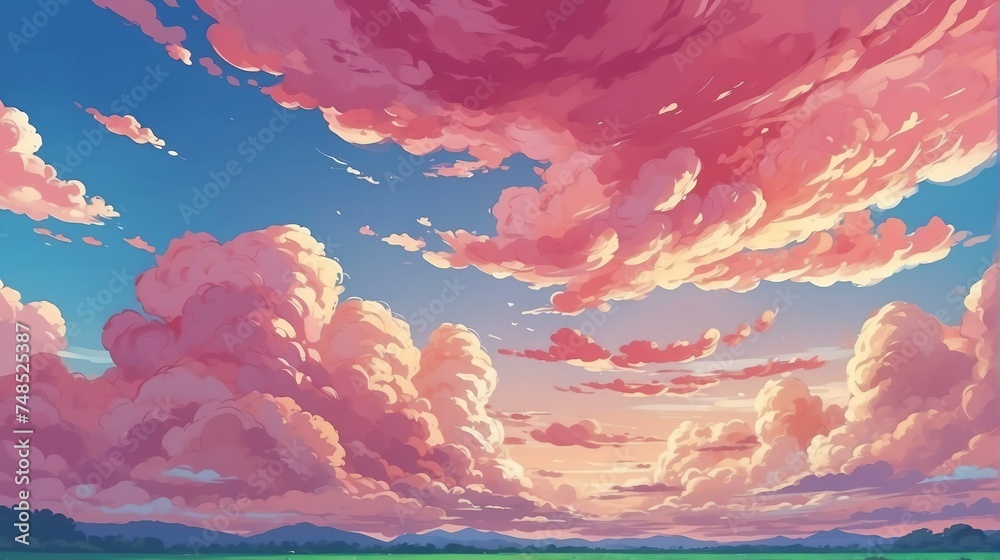 Quirky cute anime pink clouds on the sky from Generative AI