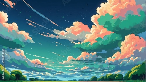 Quirky cute anime green clouds on the sky from Generative AI