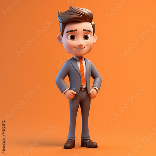 Professional Businessman Cartoon Character in Suit Standing Confidently against Orange Background