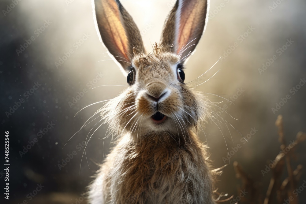 Obraz premium Captivating Side view portrait of wild rabbit. Brown cute hare in nature grass. Generate ai