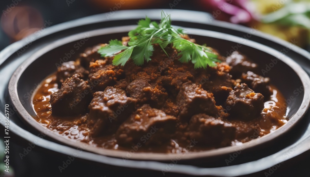 view of aesthetic beef rendang with some garnish on top image background view of aesthetic beef rendang with some garnish on top image background