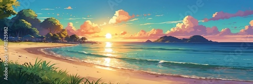 Wide angle animation anime panoramic landscape of a coconut tree on a beach island at sunset from Generative AI