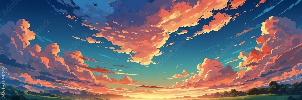 Wide angle animation anime panoramic landscape of beach in summer sunset from Generative AI