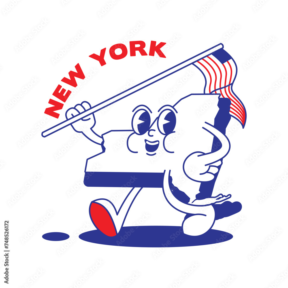 New York State retro mascot with hand and foot clip art. USA Map Retro cartoon stickers with funny comic characters and gloved hands. Vector template for website, design, cover, infographics.
