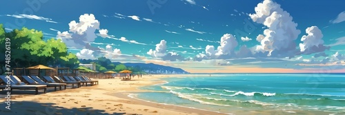 Wide angle animation anime panoramic landscape of beach in summer from Generative AI
