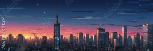 Wide angle animation anime panoramic landscape of city skyline in evening from Generative AI