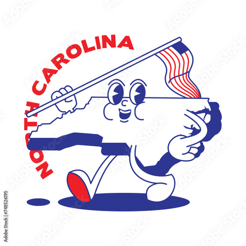 North Carolina State retro mascot with hand and foot clip art. USA Map Retro cartoon stickers with funny comic characters and gloved hands. Vector template for website, design, cover, infographics.