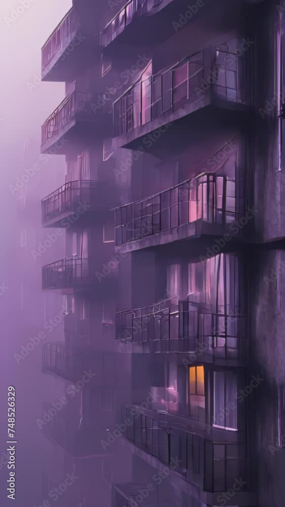 Exterior of a building illuminated by purple light at night, featuring a series of balconies, reflecting a modern design influence.
Exterior of a building illuminated by purple light at night, featuring a series of balconies, reflecting a modern design influence.
