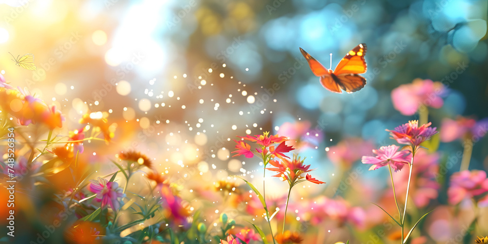 
Flower meadow with butterfly. Nature background. Soft focus. 