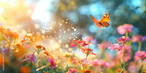  Flower meadow with butterfly. Nature background. Soft focus. 