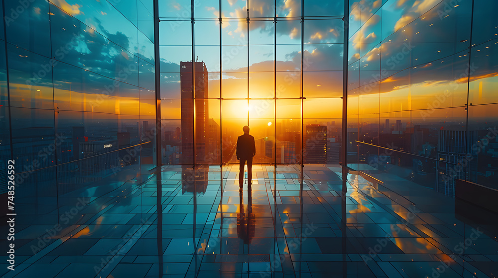 Urban Businessman Contemplating at Sunset, Look Out at Dusk, Cityscape View from Office Window, Corporate Executive Standing Silhouette to Modern City Skyline Evening Reflection, Successful Concept.