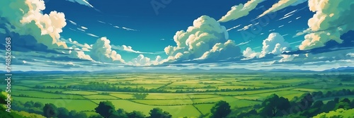 Wide angle animation anime panoramic landscape of green clouds on the sky from Generative AI