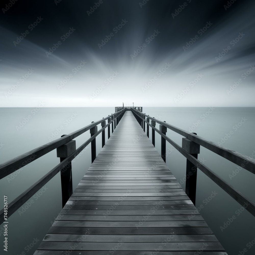 Serene Long Exposure of Wooden Pier Leading into Tranquil Ocean Waters Under Dynamic Sky