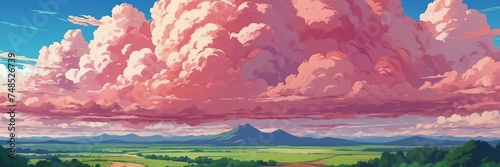 Wide angle animation anime panoramic landscape of pink clouds on the sky from Generative AI © sevenSkies